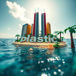 Close-up ground-level full view of a small LEGO island shore with tall LEGO buildings that spell "plastic" under a bright sunny day, surrounded by glistening water