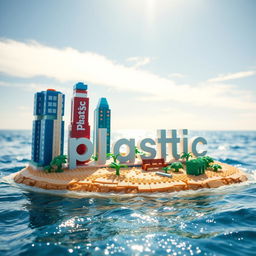 Close-up ground-level full view of a small LEGO island shore with tall LEGO buildings that spell "plastic" under a bright sunny day, surrounded by glistening water