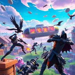 action-packed Fortnite battle scene with vibrant colors and dynamic characters, featuring iconic Fortnite skins like Skull Trooper and Raven, in an expansive and intricate game environment