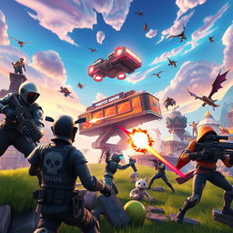 action-packed Fortnite battle scene with vibrant colors and dynamic characters, featuring iconic Fortnite skins like Skull Trooper and Raven, in an expansive and intricate game environment