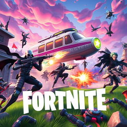 action-packed Fortnite battle scene with vibrant colors and dynamic characters, featuring iconic Fortnite skins like Skull Trooper and Raven, in an expansive and intricate game environment