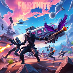 action-packed Fortnite battle scene with vibrant colors and dynamic characters, featuring iconic Fortnite skins like Skull Trooper and Raven, in an expansive and intricate game environment