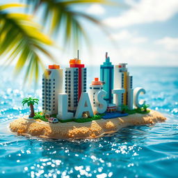 Close-up ground-level full view of a small LEGO island shore with tall LEGO buildings that spell "PLASTIC" under a bright sunny day, surrounded by shimmering water