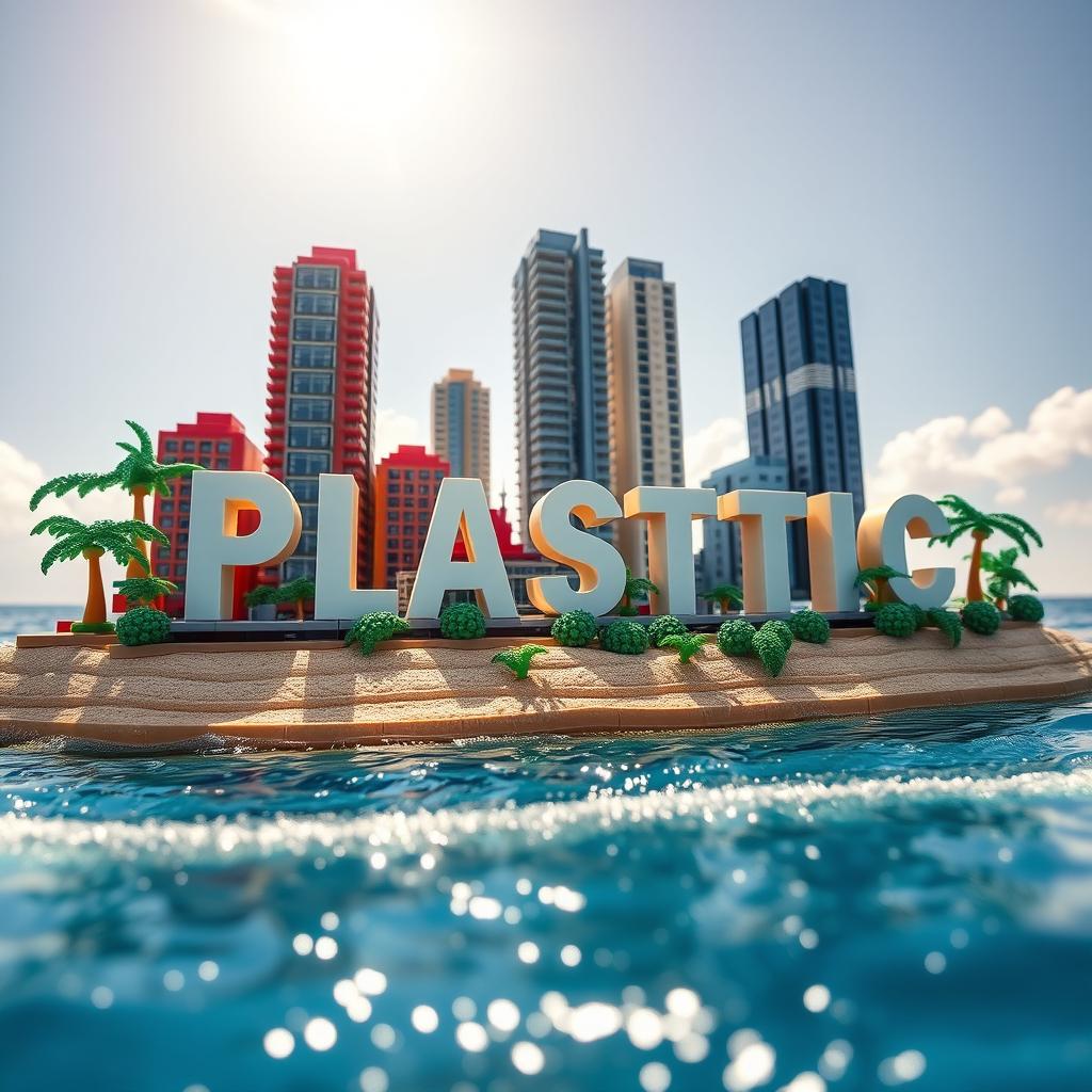 Close-up ground-level full view of a small LEGO island shore with tall LEGO buildings that spell "PLASTIC" under a bright sunny day, surrounded by shimmering water