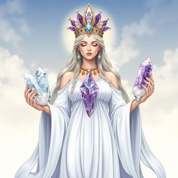 The Goddess of Thought is illustrated in a sublime and mystical art style, clothed in a flowing white dress that symbolizes purity and clarity of mind