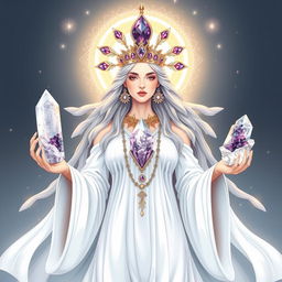 The Goddess of Thought is illustrated in a sublime and mystical art style, clothed in a flowing white dress that symbolizes purity and clarity of mind