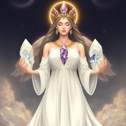 The Goddess of Thought is illustrated in a sublime and mystical art style, clothed in a flowing white dress that symbolizes purity and clarity of mind