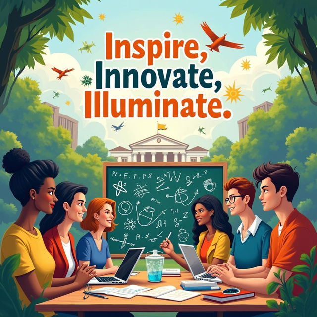 An academic poster featuring a diverse group of students engaged in an intellectual discussion, showcasing various academic symbols like books, a chalkboard with complex equations, scientific models, and digital devices