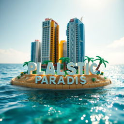 Close-up ground-level full view of a small LEGO island shore with tall LEGO buildings spelling "PLASTIC" with "PARADISE" beneath it under a bright sunny day, surrounded by shimmering water