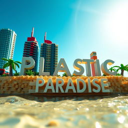 Close-up ground-level full view of a small LEGO island shore with tall LEGO buildings spelling "PLASTIC" with "PARADISE" beneath it under a bright sunny day, surrounded by shimmering water