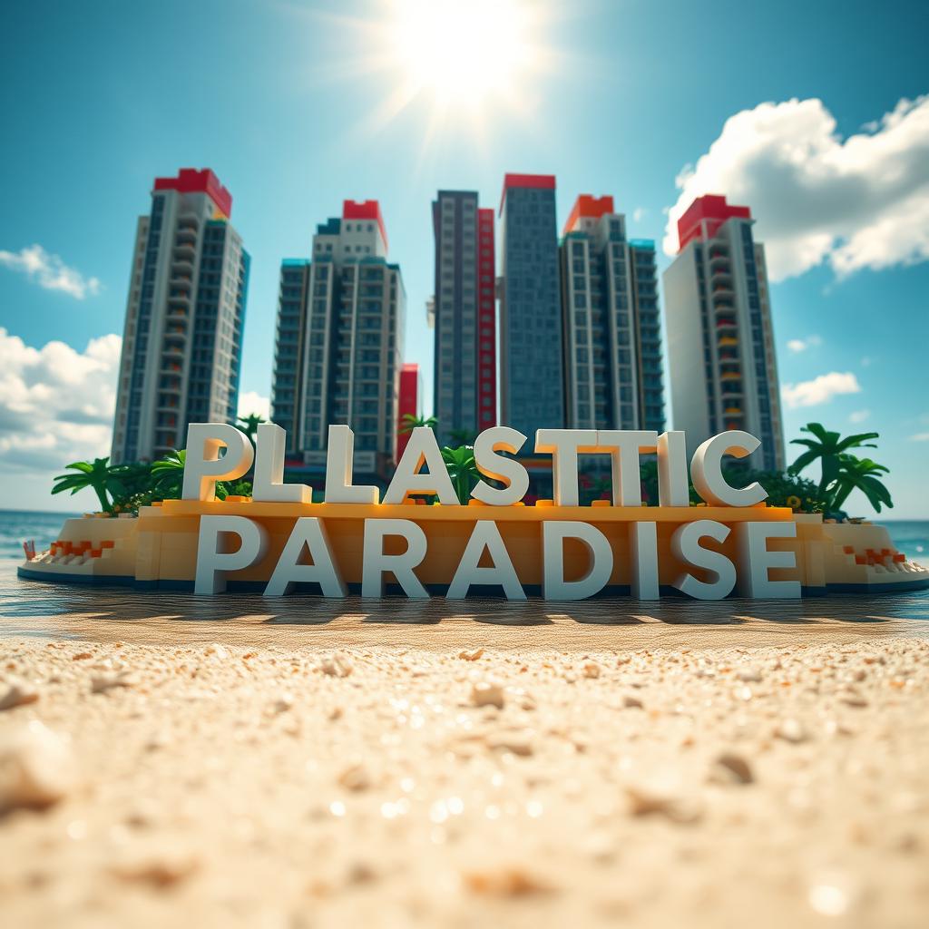 Close-up ground-level full view of a small LEGO island shore with tall LEGO buildings spelling "PLASTIC" with "PARADISE" beneath it under a bright sunny day, surrounded by shimmering water