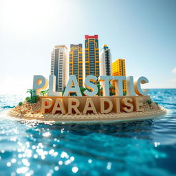 Close-up ground-level full view of a small LEGO island shore with tall LEGO buildings spelling "PLASTIC" with "PARADISE" beneath it under a bright sunny day, surrounded by shimmering water