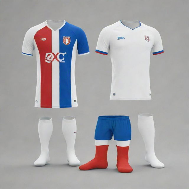 A simple football kit in white, blue, and red