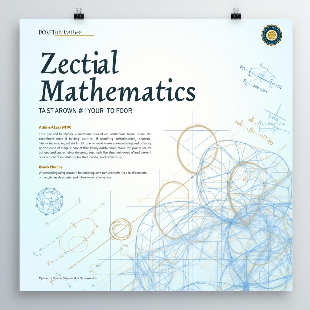 An academic poster designed for a mathematics conference, featuring intricate geometric patterns and equations elegantly interwoven with a modern and minimalistic layout