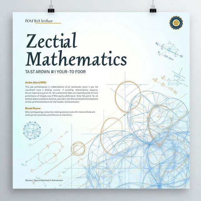 An academic poster designed for a mathematics conference, featuring intricate geometric patterns and equations elegantly interwoven with a modern and minimalistic layout