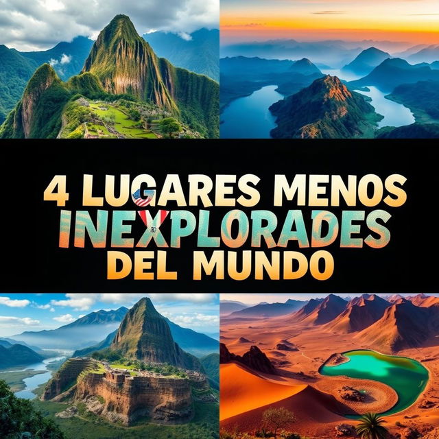 A captivating YouTube thumbnail featuring the text "4 Lugares Menos Inexplorados del Mundo" in bold, adventurous typography