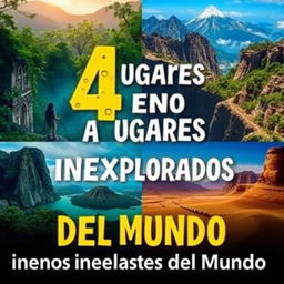 A captivating YouTube thumbnail featuring the text "4 Lugares Menos Inexplorados del Mundo" in bold, adventurous typography