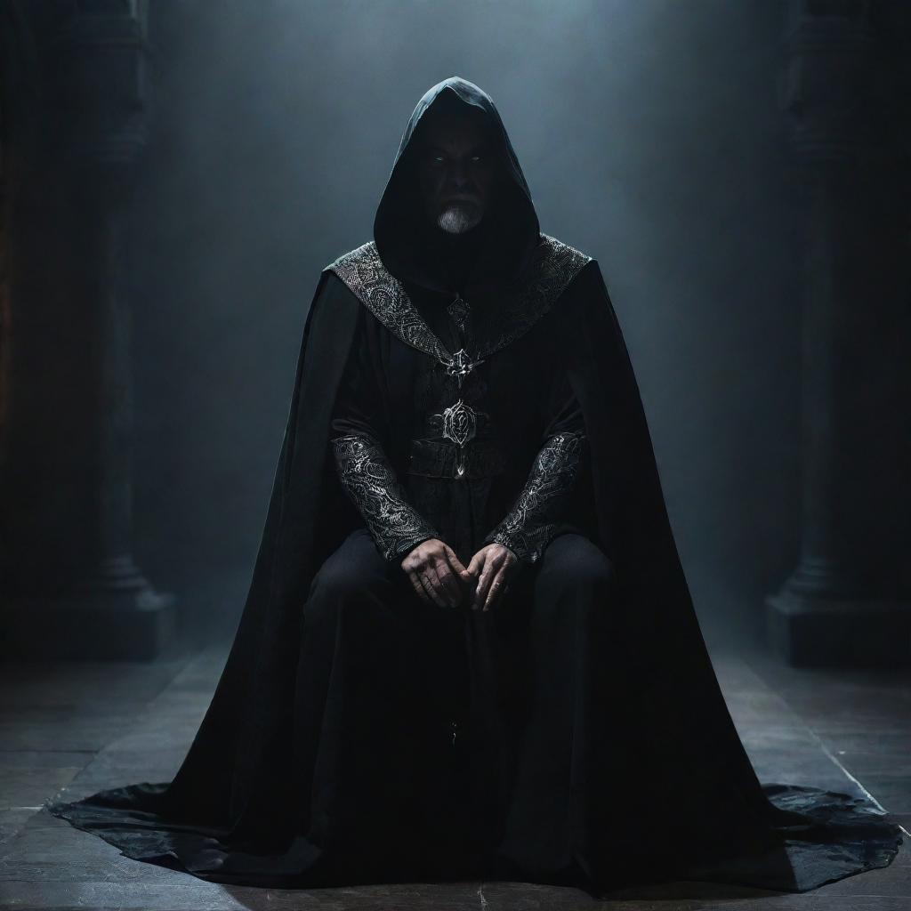 An imposing, evil wizard, his eyes glowing with dark energy, kneeling in submission, looking upwards with awe and fear towards his even more powerful overlord, shrouded in an intimidating cloak of darkness and mystery, inside a grand, shadowy throne room