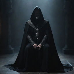 An imposing, evil wizard, his eyes glowing with dark energy, kneeling in submission, looking upwards with awe and fear towards his even more powerful overlord, shrouded in an intimidating cloak of darkness and mystery, inside a grand, shadowy throne room