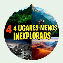 A captivating YouTube thumbnail featuring the text "4 Lugares Menos Inexplorados del Mundo" in bold, adventurous typography