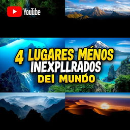 A captivating YouTube thumbnail featuring the text "4 Lugares Menos Inexplorados del Mundo" in bold, adventurous typography