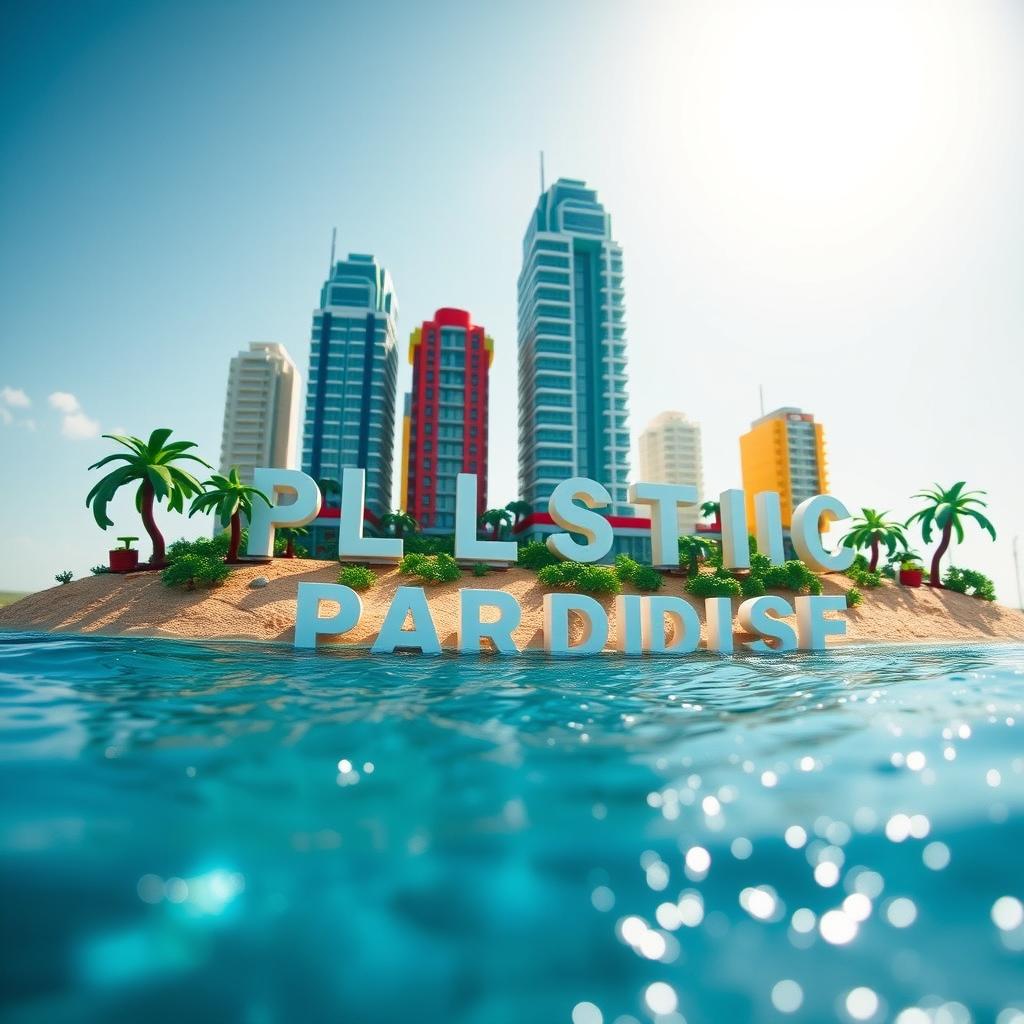 Close-up ground-level full view of a small LEGO island shore with tall LEGO buildings spelling "PLASTIC" and below that "PARADISE" under a bright sunny day, surrounded by sparkling water