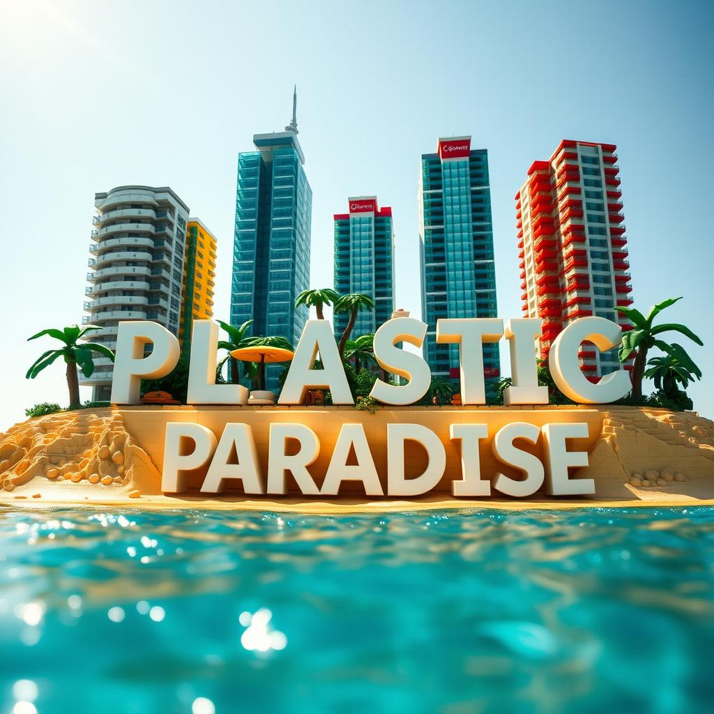 Close-up ground-level full view of a small LEGO island shore with tall LEGO buildings spelling "PLASTIC" and below that "PARADISE" under a bright sunny day, surrounded by sparkling water