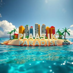 Close-up ground-level full view of a small LEGO island shore with tall LEGO buildings spelling "PLASTIC" and below that "PARADISE" under a bright sunny day, surrounded by sparkling water