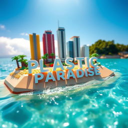 Close-up ground-level full view of a small LEGO island shore with tall LEGO buildings spelling "PLASTIC" and below that "PARADISE" under a bright sunny day, surrounded by sparkling water