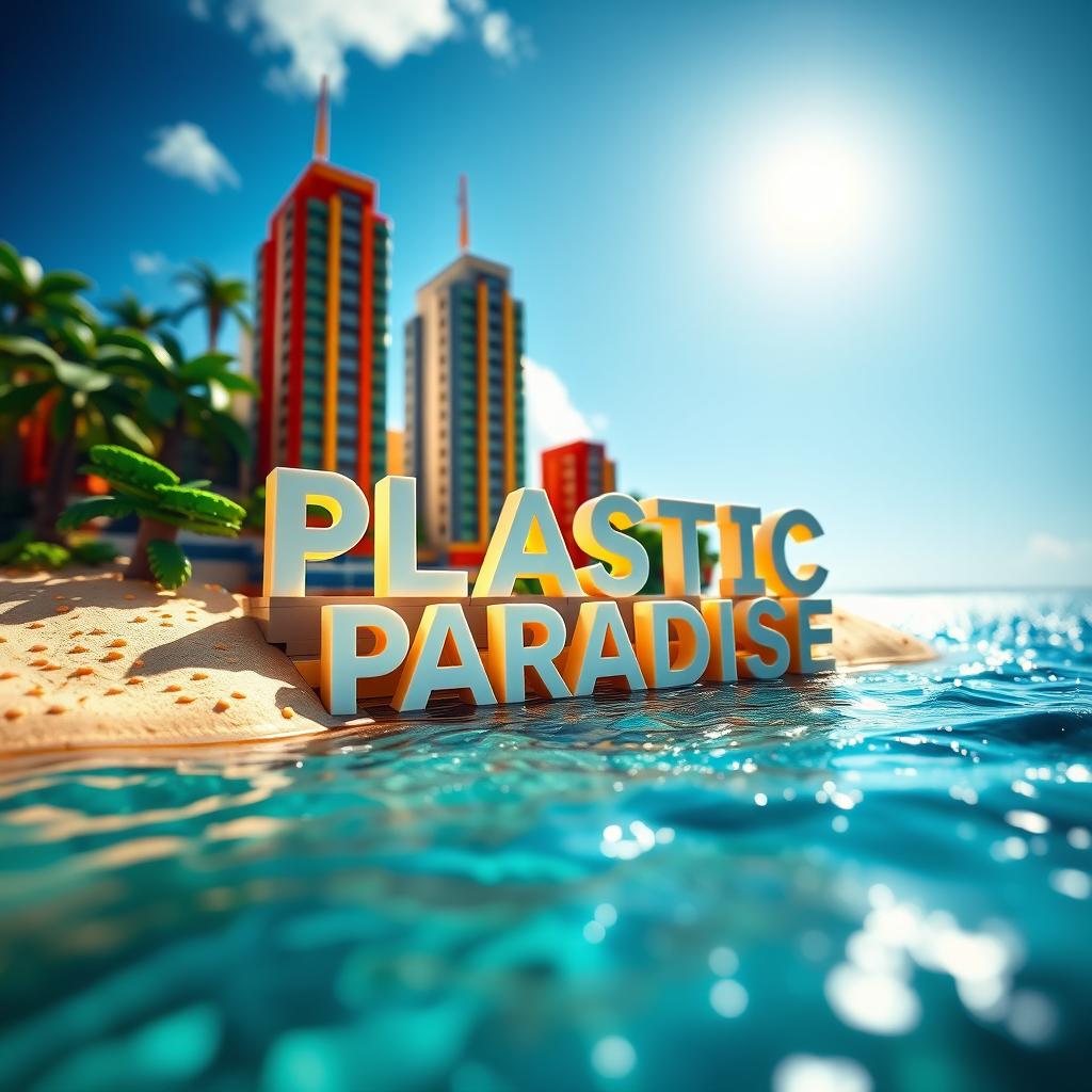 Close-up ground-level full view of a small LEGO island shore with tall LEGO buildings spelling "PLASTIC" and below that "PARADISE" under a bright sunny day, surrounded by shimmering water