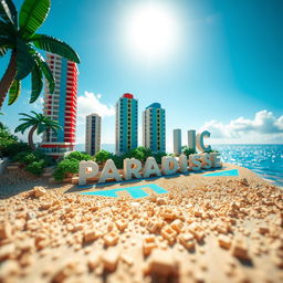 Close-up ground-level full view of a small LEGO island shore with tall LEGO buildings spelling "PLASTIC" and below that "PARADISE" under a bright sunny day, surrounded by shimmering water