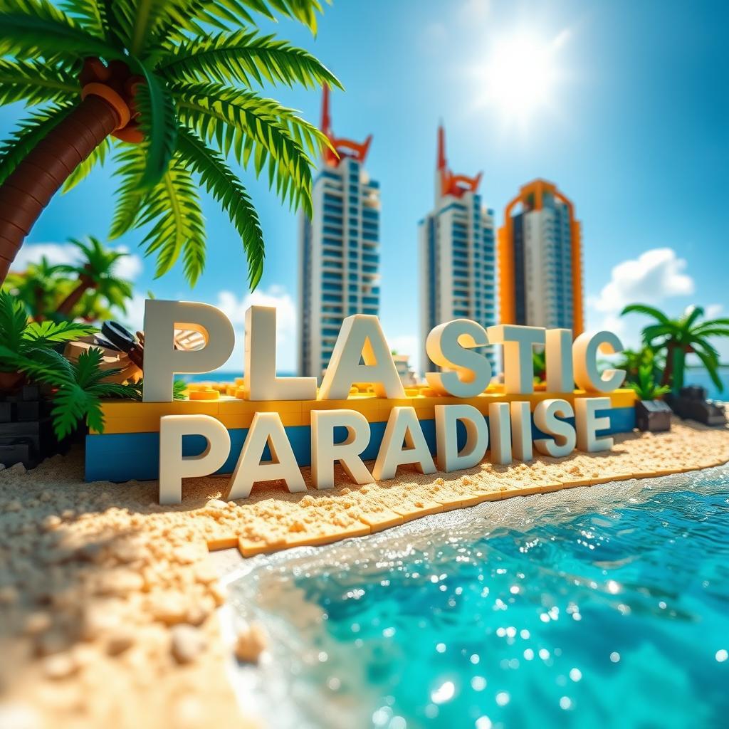 Close-up ground-level full view of a small LEGO island shore with tall LEGO buildings spelling "PLASTIC" and below that "PARADISE" under a bright sunny day, surrounded by shimmering water