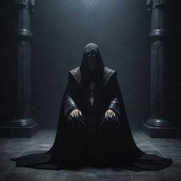 An imposing, evil wizard, his eyes glowing with dark energy, kneeling in submission, looking upwards with awe and fear towards his even more powerful overlord, shrouded in an intimidating cloak of darkness and mystery, inside a grand, shadowy throne room