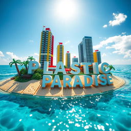 Close-up ground-level full view of a small LEGO island shore with tall LEGO buildings spelling "PLASTIC" and below that "PARADISE" under a bright sunny day, surrounded by shimmering water