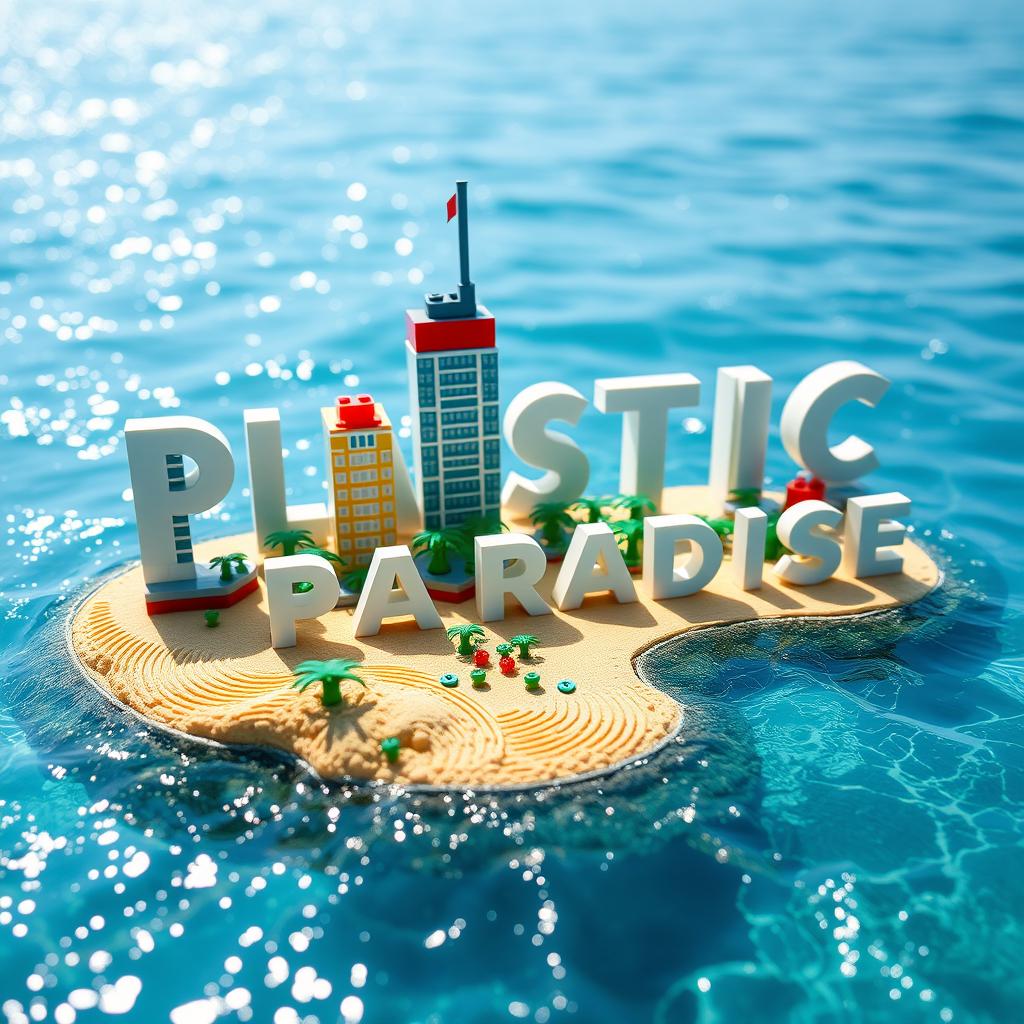 Close-up ground-level full view of a small LEGO island shore with tall LEGO buildings spelling "PLASTIC" and "PARADISE" halfway submerged in water, under a bright sunny day