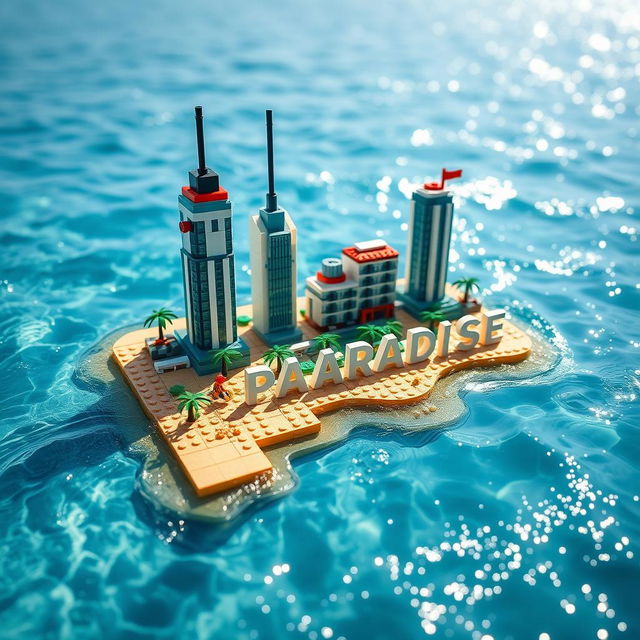 Close-up ground-level full view of a small LEGO island shore with tall LEGO buildings spelling "PLASTIC" and "PARADISE" halfway submerged in water, under a bright sunny day