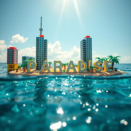 Close-up ground-level full view of a small LEGO island shore with tall LEGO buildings spelling "PLASTIC" and "PARADISE" halfway submerged in water, under a bright sunny day