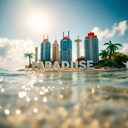 Close-up ground-level full view of a small LEGO island shore with tall LEGO buildings spelling "PLASTIC" and "PARADISE" halfway submerged in water, under a bright sunny day