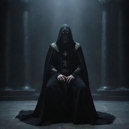 An imposing, evil wizard, his eyes glowing with dark energy, kneeling in submission, looking upwards with awe and fear towards his even more powerful overlord, shrouded in an intimidating cloak of darkness and mystery, inside a grand, shadowy throne room