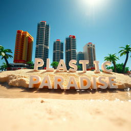 Close-up ground-level full view of a small LEGO island shore with tall LEGO buildings spelling "PLASTIC" and below that "PARADISE" on a bright sunny day, surrounded by shimmering water