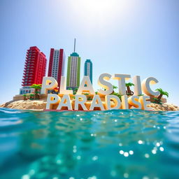 Close-up ground-level full view of a small LEGO island shore with tall LEGO buildings spelling "PLASTIC" and below that "PARADISE" on a bright sunny day, surrounded by shimmering water