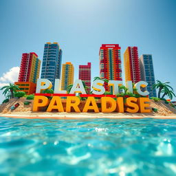 Close-up ground-level full view of a small LEGO island shore with tall LEGO buildings spelling "PLASTIC" and below that "PARADISE" on a bright sunny day, surrounded by shimmering water