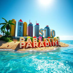 Close-up ground-level full view of a small LEGO island shore with tall LEGO buildings spelling "PLASTIC" and below that "PARADISE" on a bright sunny day, surrounded by shimmering water