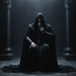 An imposing, evil wizard, his eyes glowing with dark energy, kneeling in submission, looking upwards with awe and fear towards his even more powerful overlord, shrouded in an intimidating cloak of darkness and mystery, inside a grand, shadowy throne room