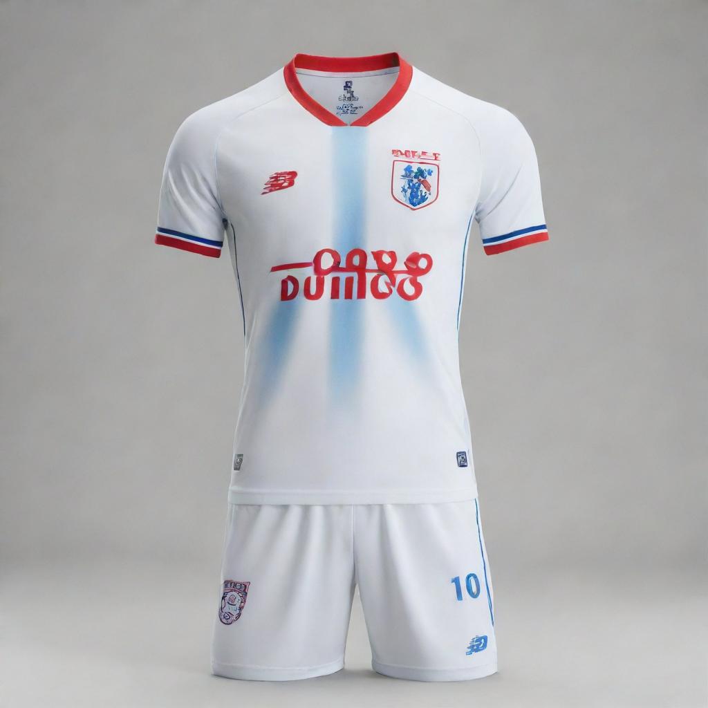 A football kit in white, blue, and red designed in the style of New Balance