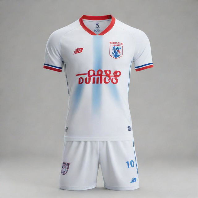 A football kit in white, blue, and red designed in the style of New Balance