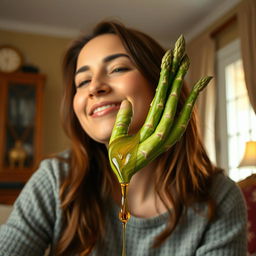 A woman with a relaxed and satisfied expression, surrounded by the warmth of a cozy room