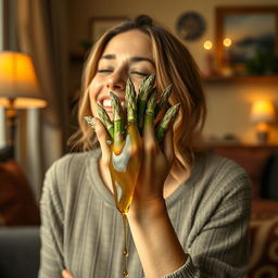 A woman with a relaxed and satisfied expression, surrounded by the warmth of a cozy room