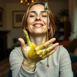 A woman with a relaxed and satisfied expression, surrounded by the warmth of a cozy room