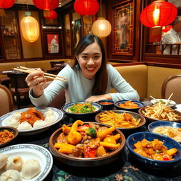 A person tasting a variety of delicious Chinese cuisine at a traditional Chinese restaurant